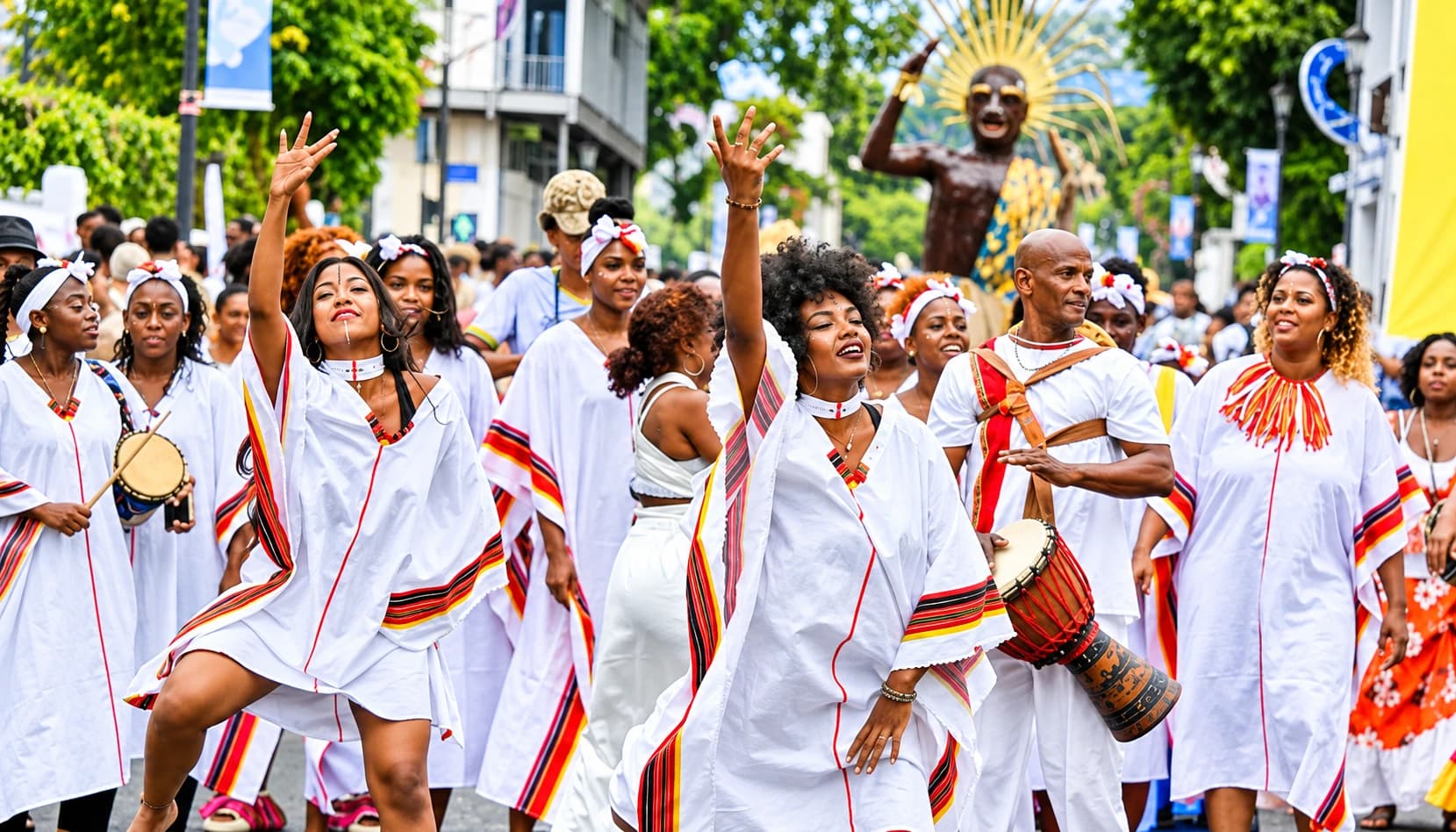 Desfile de bailarines y percusionistas con trajes blancos a rayas durante una fiesta en La Reunión