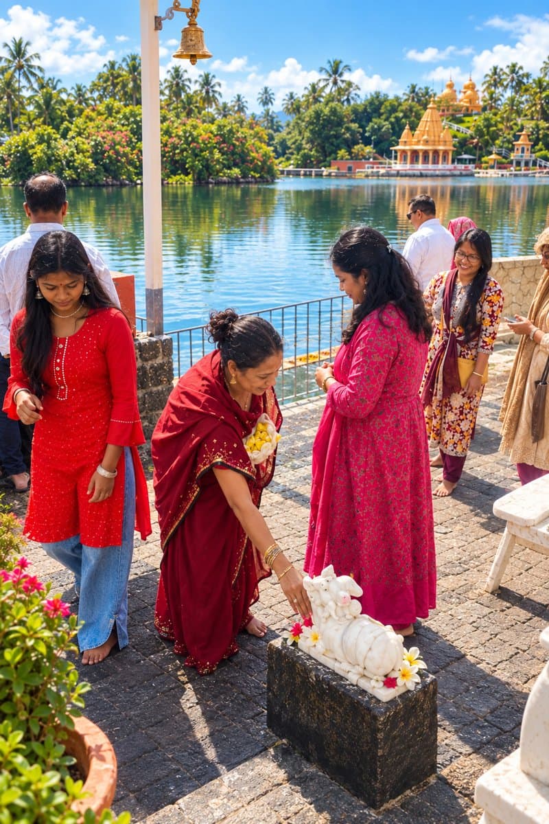 Fieles depositando flores a orillas del lago sagrado de Grand Bassin, en Mauricio