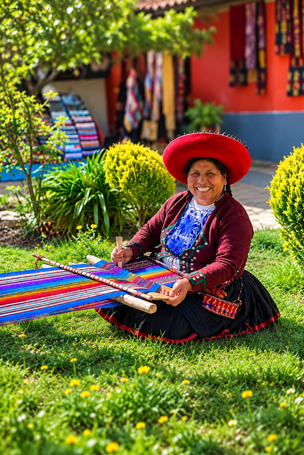 A smiling weaver sitting at her traditional loom